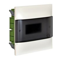 Legrand PractiboxS gipszkartonba süllyeszthető lakáselosztó (850°C), átlátszó füstszínű ajtóval, védőföld és nulla elosztókapoccsal, 1 sor 8 modul, 134178