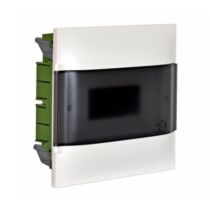 Legrand PractiboxS téglafalba süllyeszthető lakáselosztó (650°C), átlátszó füstszínű ajtóval, védőföld és nulla elosztókapoccsal, 1 sor 12 modul, 135151