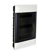 Legrand PractiboxS gipszkartonba süllyeszthető lakáselosztó (850°C), átlátszó füstszínű ajtóval, védőföld és nulla elosztókapoccsal, 3 sor 18 modul, 137178
