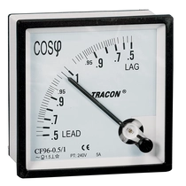 Tracon táblaműszer Teljesítménytényező (cos) mérő 72×72mm, 240V AC, 0,5, CF72-0,5/1