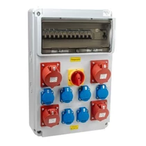 Tracon ipari doboz szerelt, vezetékezett,kismegszakítóval és Fí-relével, főkapcsolóval 6X(2P+F)+2x(5P16A)+2x(5P32A) dugalj, IP44, TDB13-16MVK