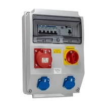 Tracon ipari doboz szerelt, vezetékezett,kismegszakítóval és Fí-relével, főkapcsolóval 2X(2P+F)+2x(5P16A) dugalj, IP44, TDB15-12MVK