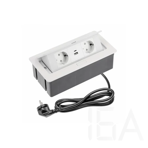 GTV pultba süllyeszthető konnektor, 2db 230V-os dugalj 1db USB-A és 1db USB-C aljzat, rejtett gombbal kinyitható, 1.5m kábellel, műanyag, fehér szín, AE-PBSUC2GS-10N