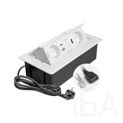 GTV pultba süllyeszthető konnektor 2x230V, USB-A, USB-C, RJ45, HDMI, fehér, 1,5 m kábel – GTV-AE-PBSURH2GS-10