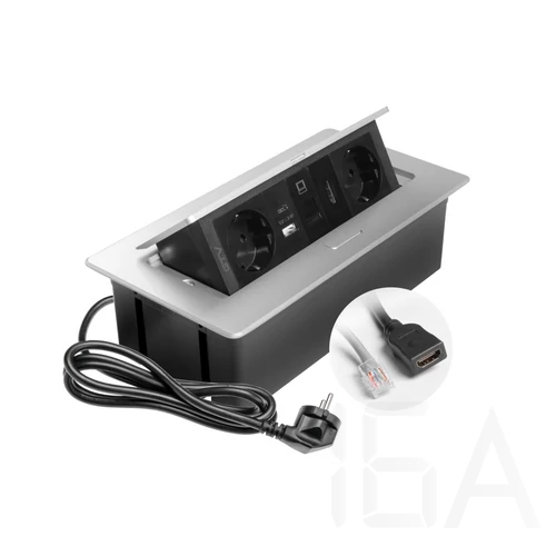 GTV pultba süllyeszthető konnektor 2x230V, USB-A, USB-C, RJ45, HDMI, ezüst, 1,5 m kábel – GTV-AE-PBSURH2GS-53