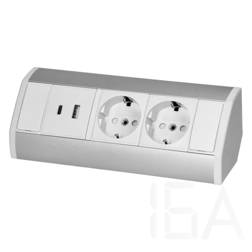 ORNO Asztalba süllyeszthető elosztó irodai, 2db 230V-os dugaljal, 2x USB töltő (A+C típusú, 2,4A) fehér-ezüst, OR-GM-9039(GS)/WG