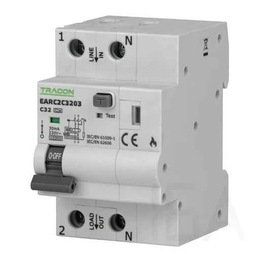 Tracon  AFDD+ kombinált ívhiba védelmi készülék (3in1), AFDD-2P/B/32A/30mA, A' osztály, EARC2B3203