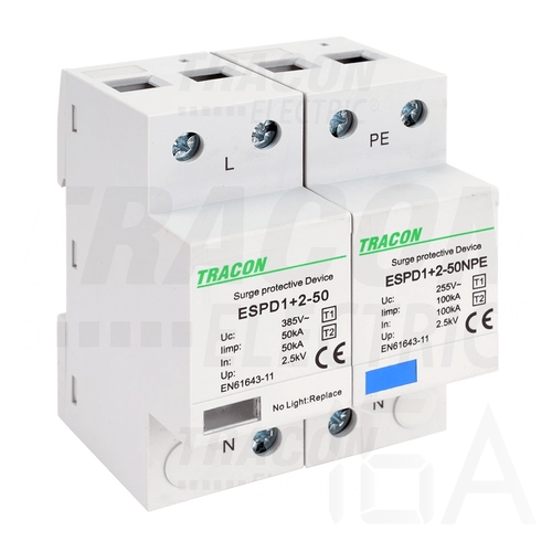 Tracon túlfeszültség levezető, T1+T2 AC típusú, egybeépített, ESPD1+2-50-1+1P