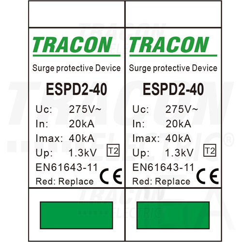 Tracon túlfeszültség levezető, T2 AC típusú, cserélhető betéttel, ESPD2-40-2P Tracon túlfeszültség levezető, T2 AC típusú, cserélhető betéttel, ESPD2-40-2P