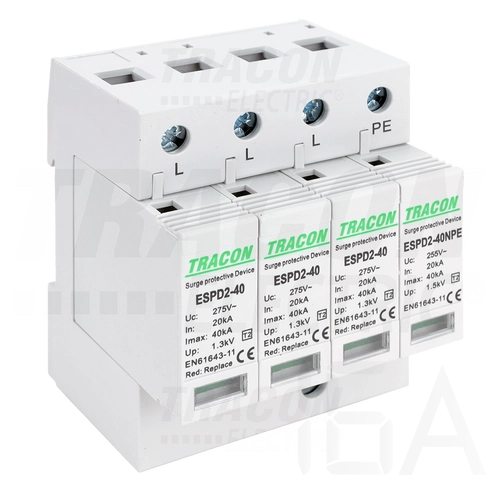 Tracon túlfeszültség levezető, T2 AC típusú, cserélhető betéttel, ESPD2-40-3+1P