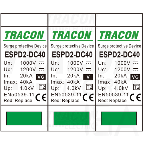 Tracon túlfeszültség levezető, T2 DC típusú VG, betét 1000V, ESPD2-DC40-1000VG Tracon túlfeszültség levezető, T2 DC típusú VG, betét 1000V, ESPD2-DC40-1000VG