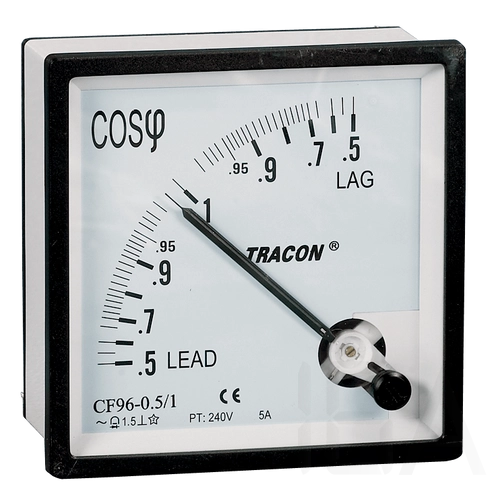 Tracon táblaműszer Teljesítménytényező (cos) mérő 96×96mm, 240V AC, 0,5, CF96-0,5/1