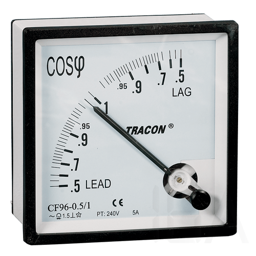 Tracon táblaműszer Teljesítménytényező (cos) mérő 72×72mm, 400V AC, 0,5, CF72-0,5/3