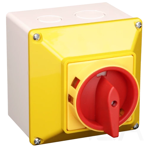 Tracon tokozott biztonsági lakatolható szakaszoló kapcsoló – sárga előlap – 63A – 4 pólusú, TSS-63/4T65S