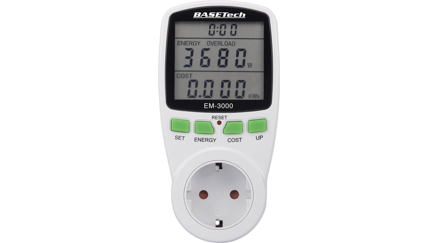 BASETECH EM-3000 digitális fogyasztásmérő konnektor, dugaljba dugható, LCD kijelző, 230V, 2W-3680W, 1611632
